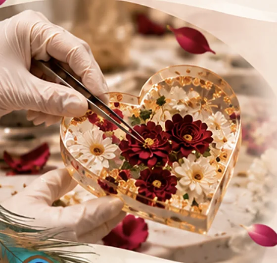Gloved hands placing preserved flowers into a heart-shaped resin mould with tweezers