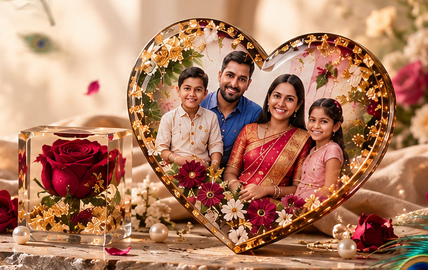 Heart-shaped clear resin frame holding a family photograph, bordered with preserved red and white flowers and gold flakes, beside a resin cube with a real red rose